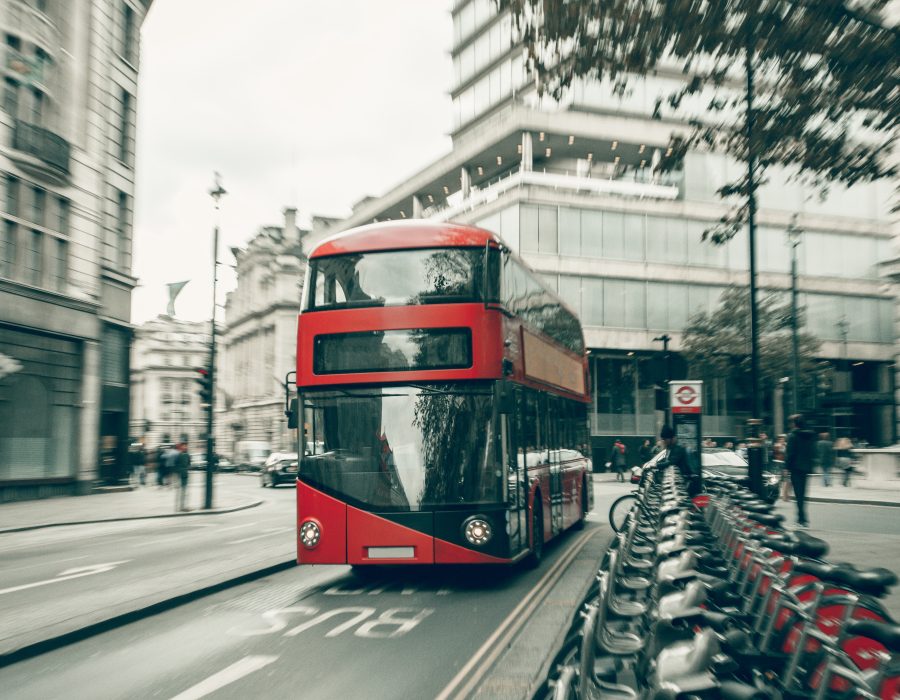 London red bus in motion.